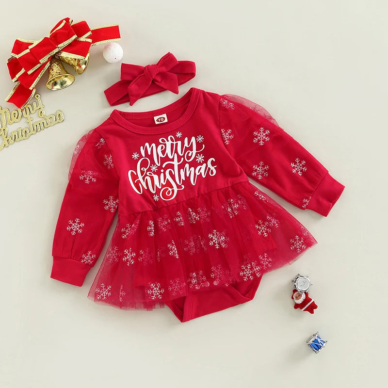 Festive Merry Christmas romper dress for baby girls with a bow, a stylish holiday outfit by Ju Ju Jam.