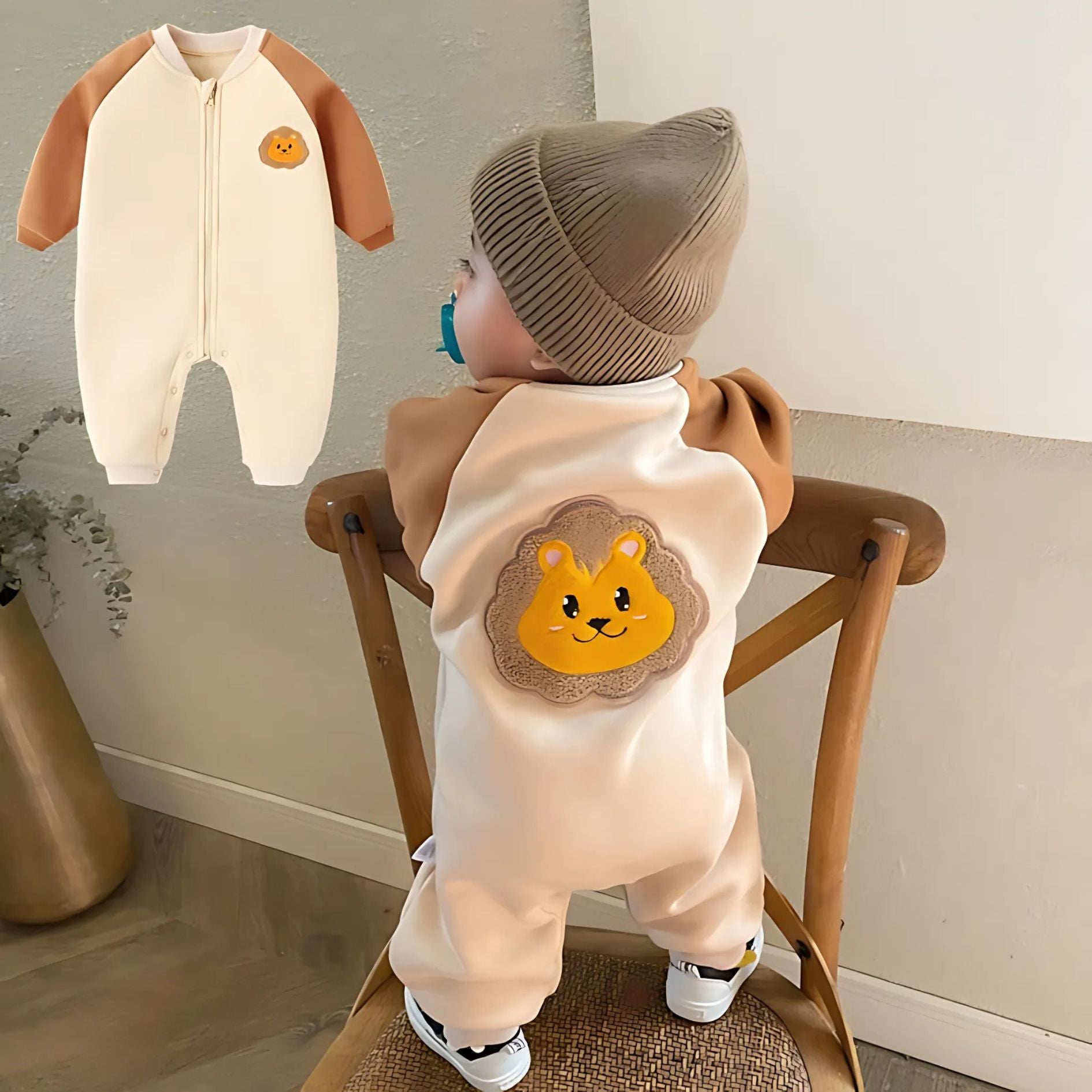 Adorable baby tiger-themed warm romper for boys and girls, designed for comfort and coziness, available at Ju Ju Jam.