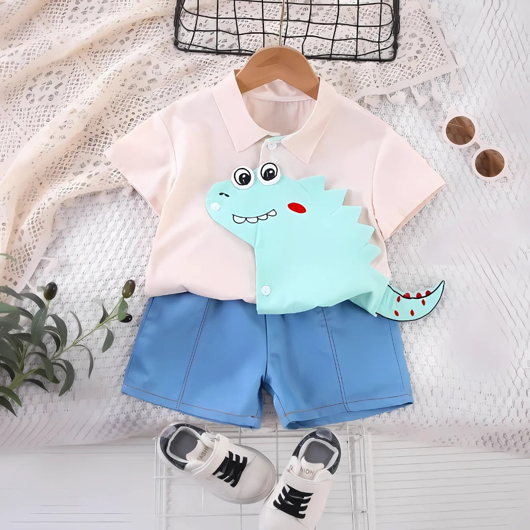 3D Dinosaur Collared T-shirt with Bottoms for Boys – Ju Ju Jam Stylish Set

