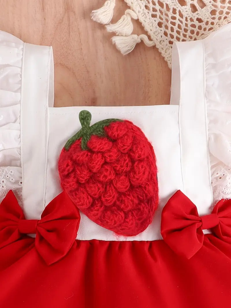 Ju Ju Jam red romper dress for baby girls with 3D strawberry design

