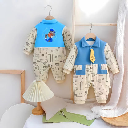 Funky cartoon-themed cozy romper for baby boys, featuring playful designs and soft fabric, from Ju Ju Jam.