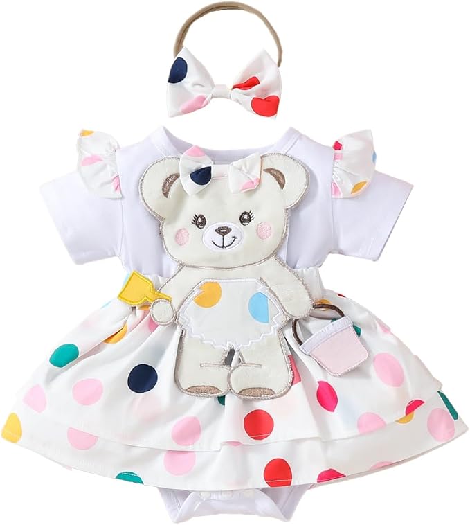 Rainbow Dotted Baby Girls Bear Romper Dress with Headbow