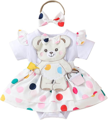 Rainbow Dotted Baby Girls Bear Romper Dress with Headbow