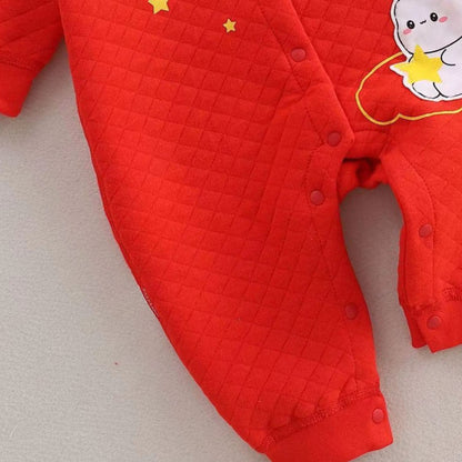 Rich Red Bunny Romper for baby boys and girls from Ju Ju Jam – A charming and comfortable outfit for little ones.