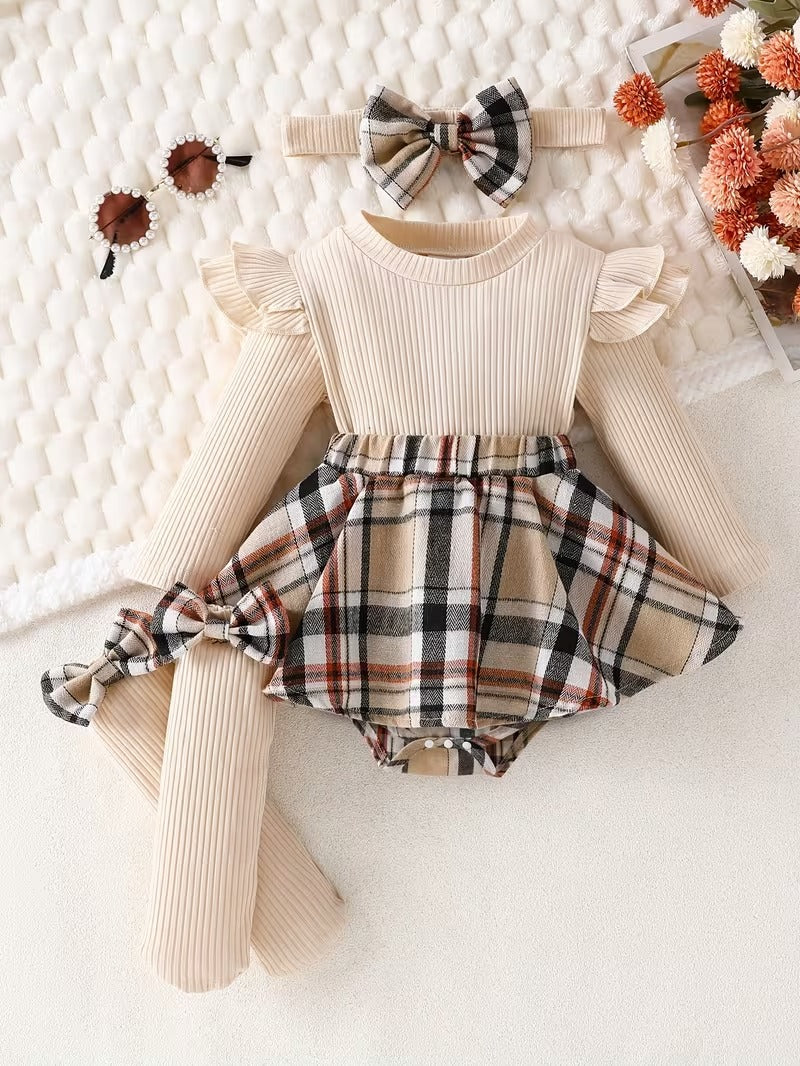 Little Plaid Baby Girls Romper Skirt Set with Headband and Socks
