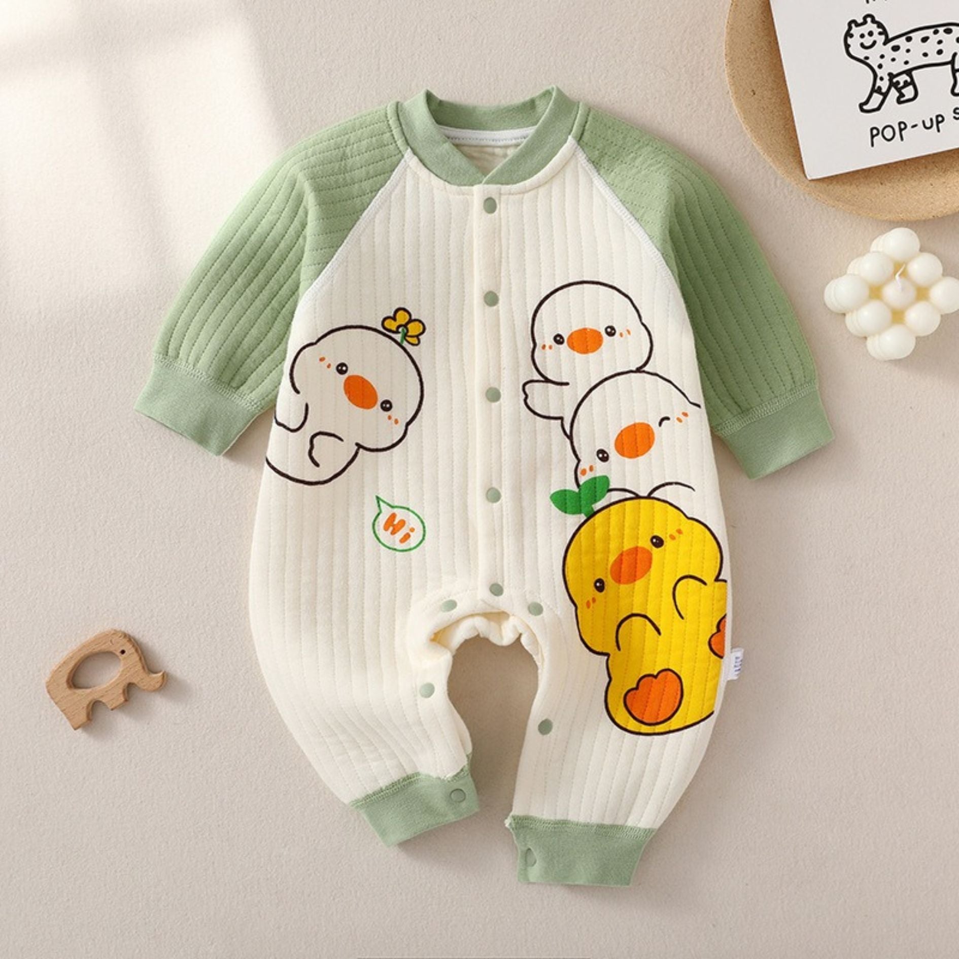 Cute Baby Boys Girls Ducklings Romper by Ju Ju Jam – Adorable unisex romper with playful duckling prints, perfect for baby boys and girls.