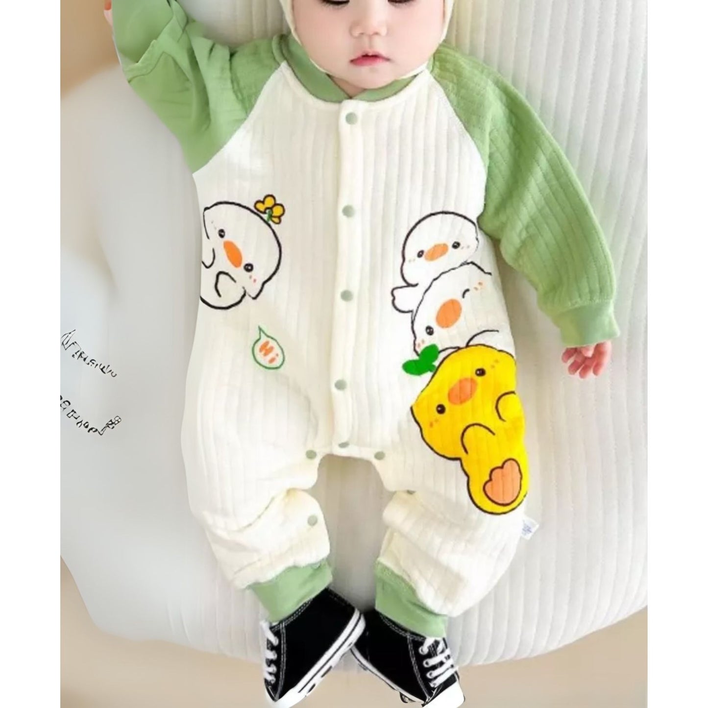 Ju Ju Jam Ducklings Baby Romper for boys and girls, featuring a charming duckling design and ultra-soft fabric for comfort.