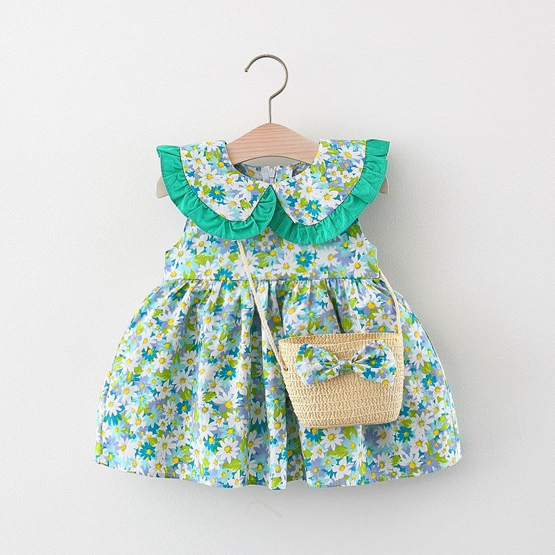 Adorable kids' dress in green with collar and sling by Ju Ju Jam