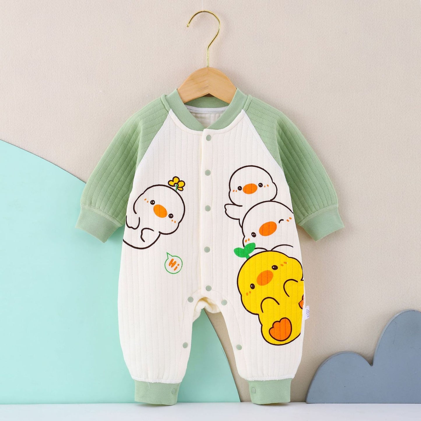 Duckling-themed baby romper by Ju Ju Jam – A delightful outfit for boys and girls, combining comfort and fun.