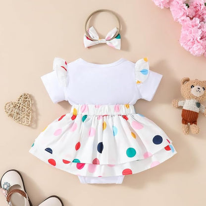 Rainbow Dotted Baby Girls Bear Romper Dress with Headbow