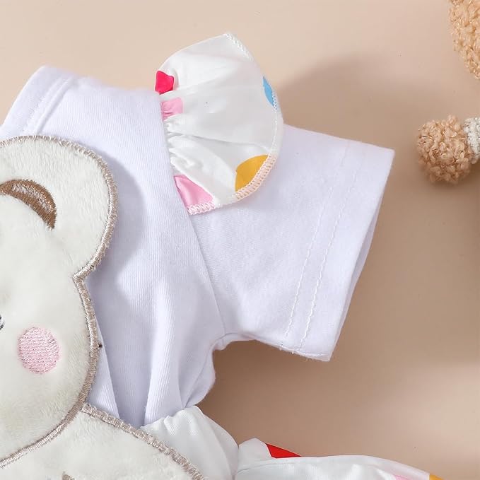 Rainbow Dotted Baby Girls Bear Romper Dress with Headbow