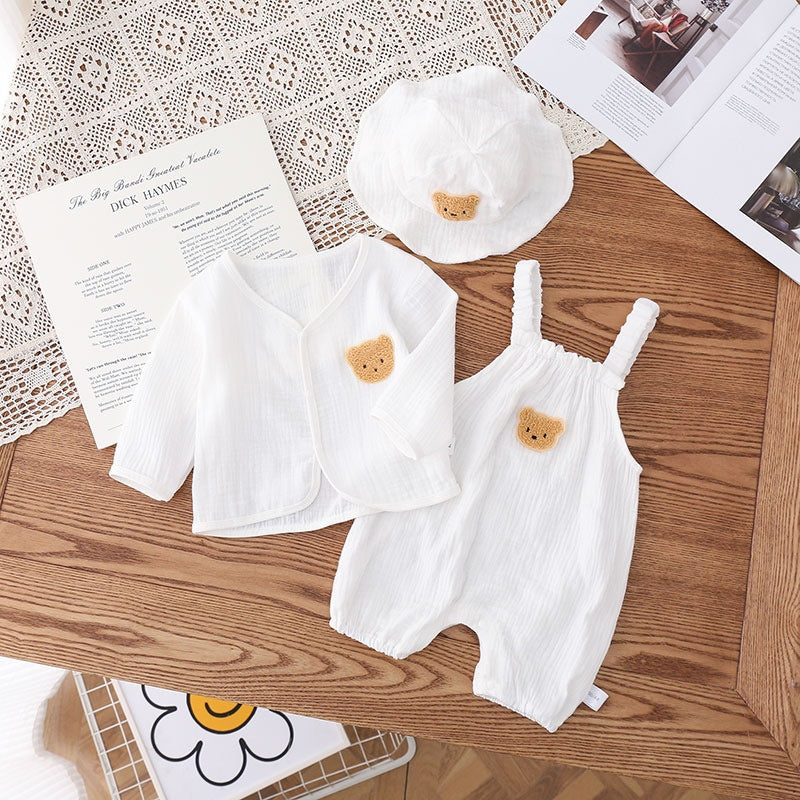 Adorable baby romper set with sleeveless gauze romper, cardigan, and hat by Ju Ju Jam