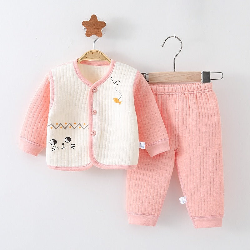 Cute Pink Baby Girls Thermal Lounge Wear Set by Ju Ju Jam, offering warmth and comfort for cozy days at home.