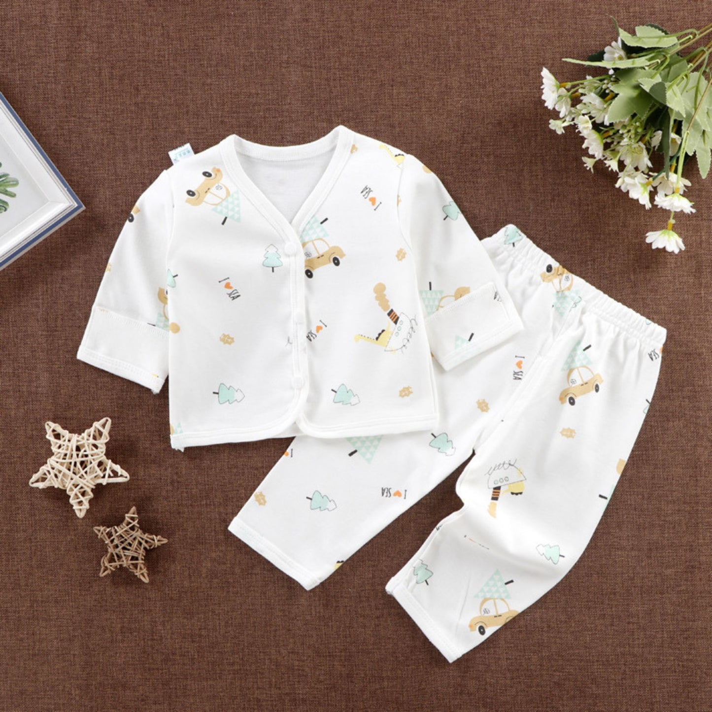 Speedy Wheels Baby Boys and Girls Loungewear Set by Ju Ju Jam, featuring fun wheel-themed prints on soft, breathable fabric for cozy relaxation.