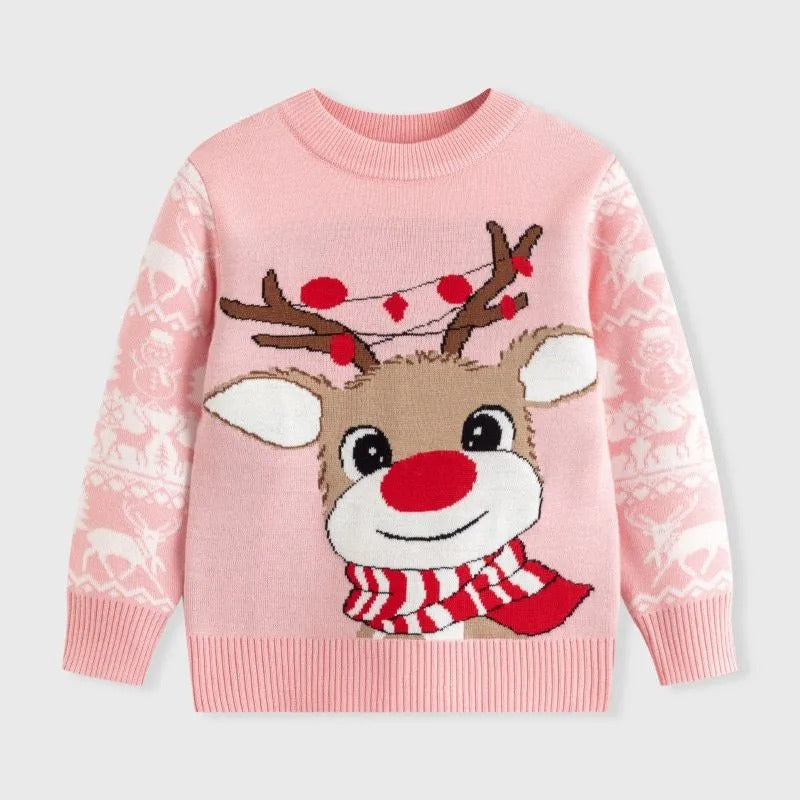 Charming Girls Cozy Reindeer Sweater from Ju Ju Jam, featuring a festive reindeer design perfect for the holiday season.