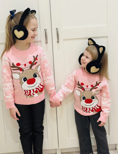 Flat-lay of Charming Girls Cozy Reindeer Sweater, highlighting its soft fabric and holiday charm.