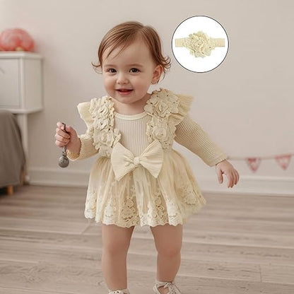Baby Bloom 3D Flowers Girls Romper Dress with Headband