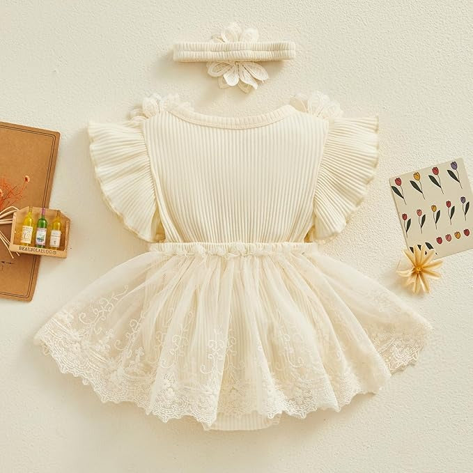 Baby Bloom 3D Flowers Girls Romper Dress with Headband