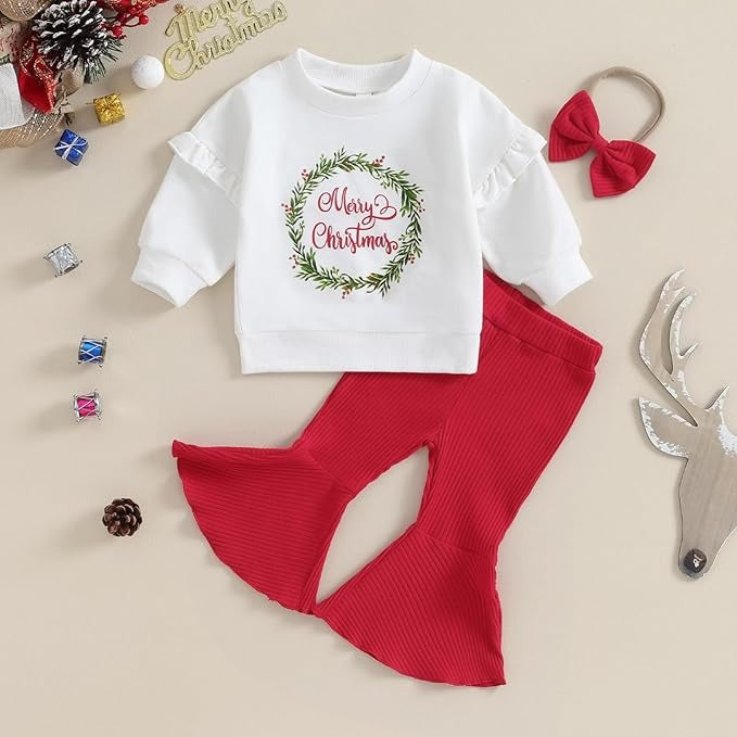 Baby Girls Merry Christmas Top with Bell Bottom Set from Ju Ju Jam, featuring a festive and stylish holiday design.