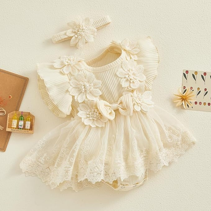 Baby Bloom 3D Flowers Girls Romper Dress with Headband