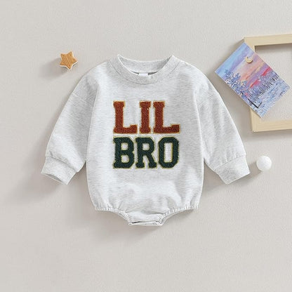 Lil Bro Vibes Baby Boys Sweatshirt Romper by Ju Ju Jam – Cozy and stylish romper with a cool 'Lil Bro' print, perfect for baby boys.