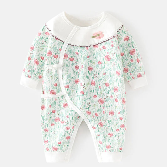 Aisha floral baby girls romper by Ju Ju Jam – soft and stylish floral print outfit for little girls.
