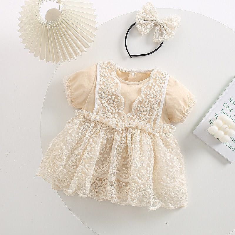  Amber Lace Baby Girls Romper Dress with Hairband by Ju Ju Jam – elegant baby outfit with delicate lace and matching headband.