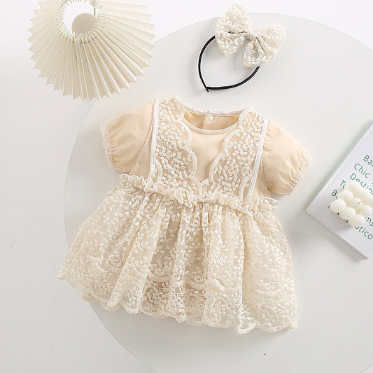  Amber Lace Baby Girls Romper Dress with Hairband by Ju Ju Jam – elegant baby outfit with delicate lace and matching headband.