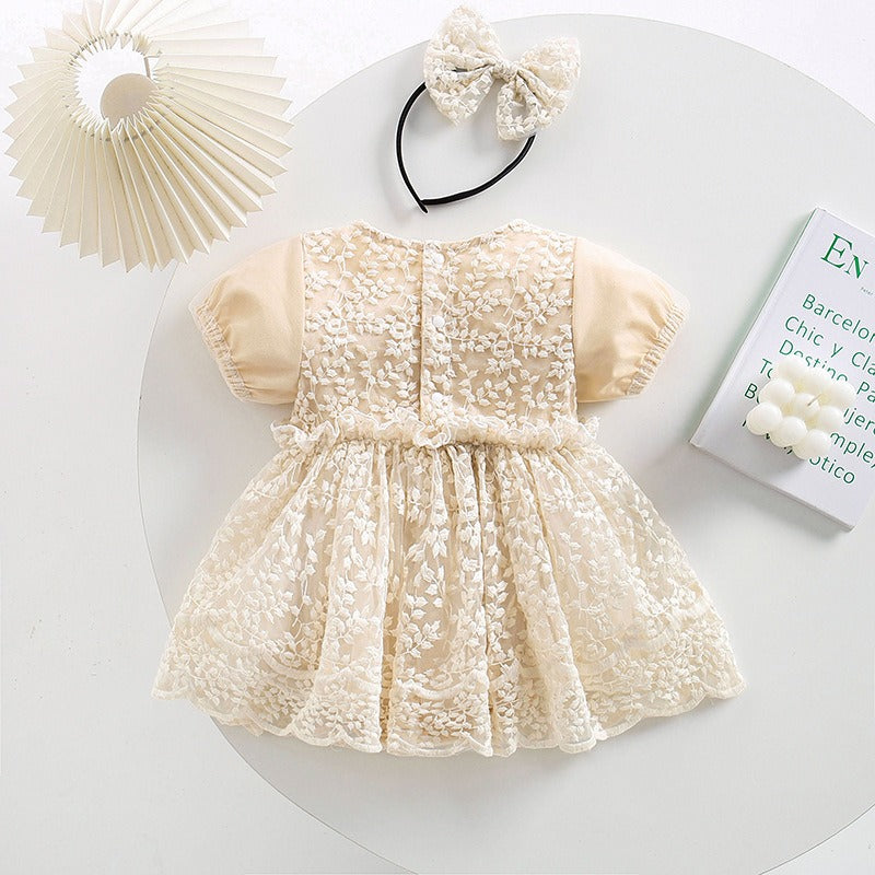 Ju Ju Jam Amber Lace romper dress – stylish baby girl outfit featuring lace details and soft hairband.