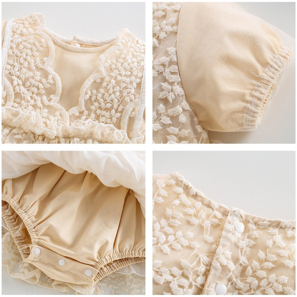  Baby girls lace romper dress set – Amber outfit by Ju Ju Jam with coordinating hair accessory.