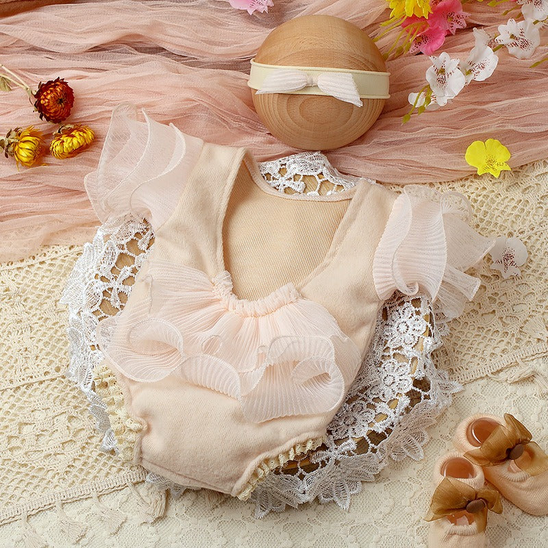 Elegant lace baby romper with floral headband – Aria set by Ju Ju Jam


