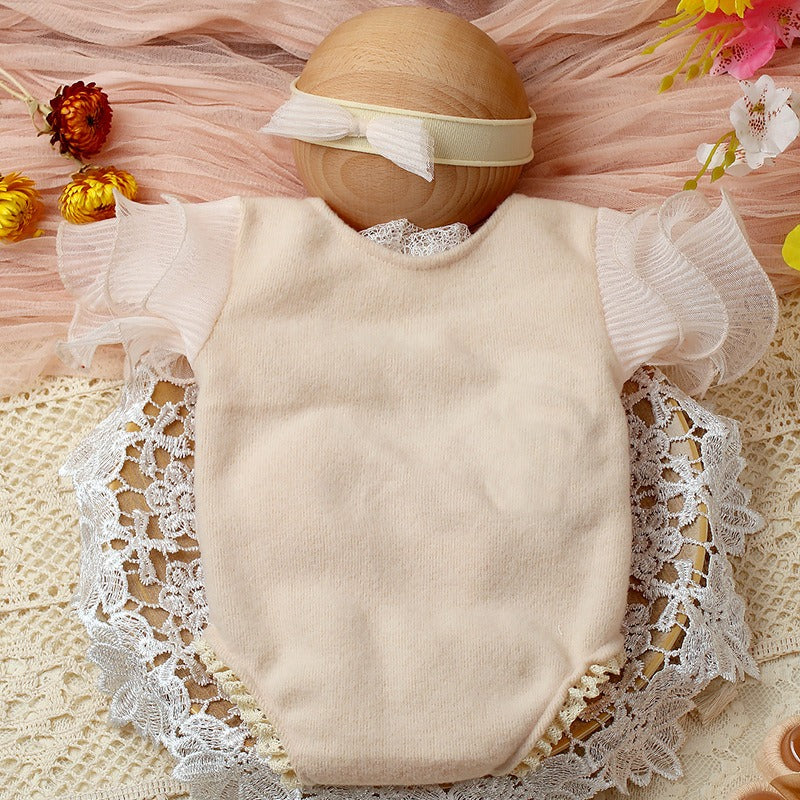 Baby girl wearing Aria lace romper and headband – Ju Ju Jam photoshoot outfit

