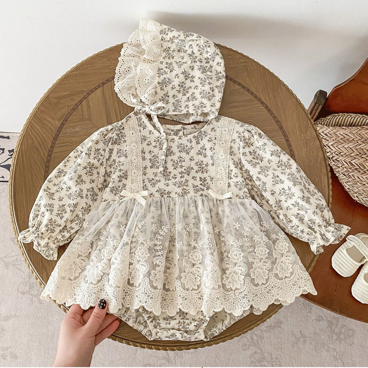 Adorable baby girl in vintage romper and bonnet-style cap – Ju Ju Jam Aurora


