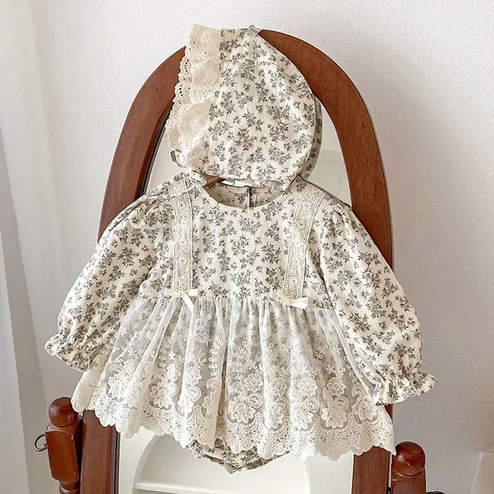 Baby girl wearing Aurora vintage-style romper dress and cap – Ju Ju Jam

