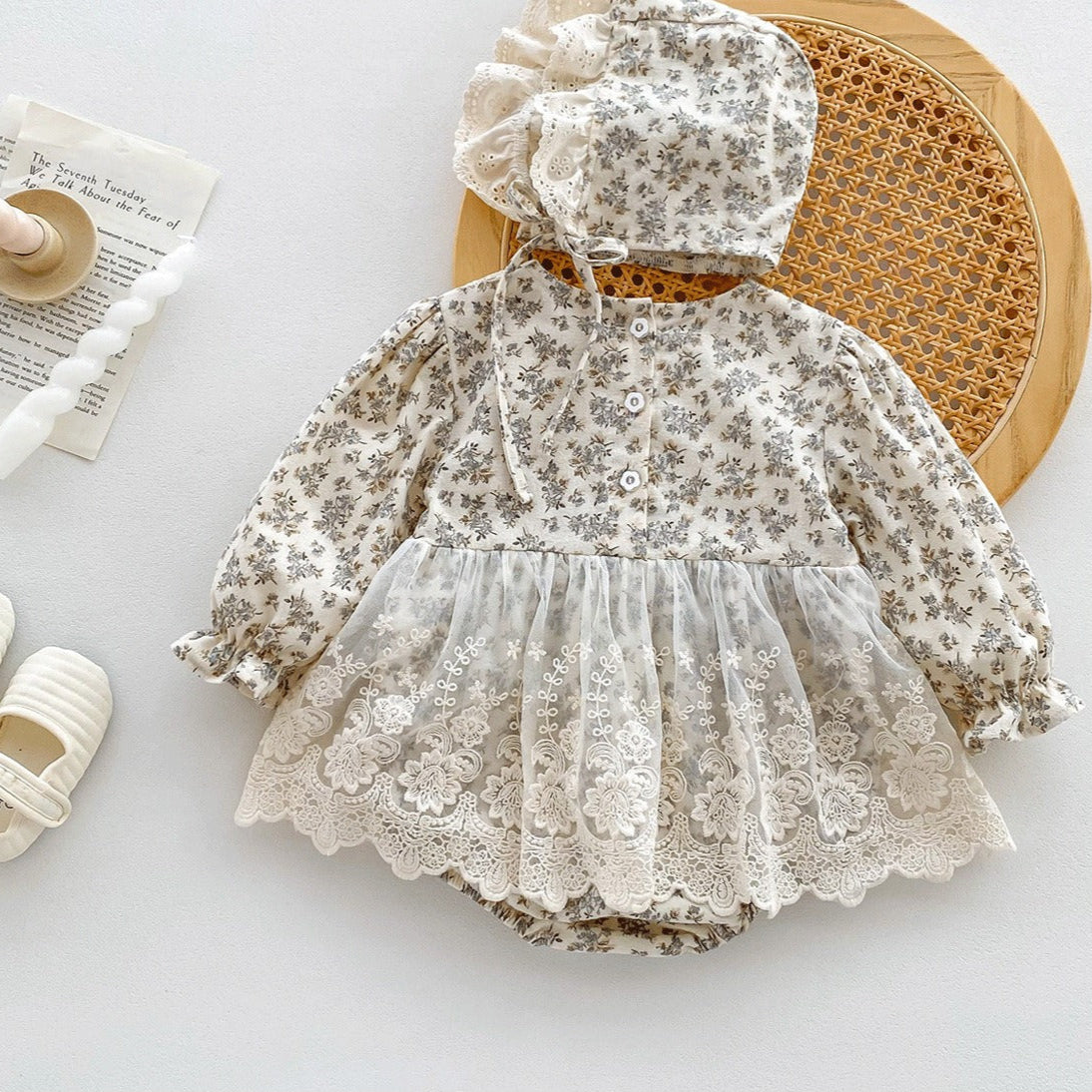Classic vintage baby romper dress in soft fabric with cap – Ju Ju Jam

