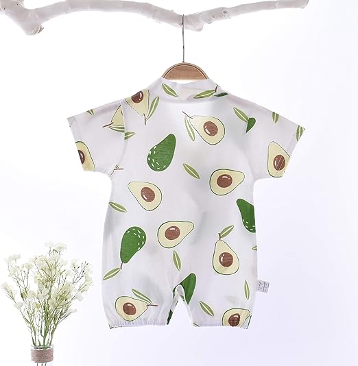 Cute baby wearing an avocado-themed romper from Ju Ju Jam 