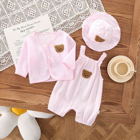 Ju Ju Jam pink baby gauze sleeveless romper with matching cardigan and hat

