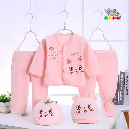Flat lay of Ju Ju Jam Baby Girls Cute Welcome Hamper – 5 essential clothing items in soft pastel colors