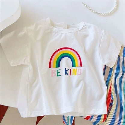 Colorful two-piece outfit with rainbow and kindness print – Ju Ju Jam girls clothing

