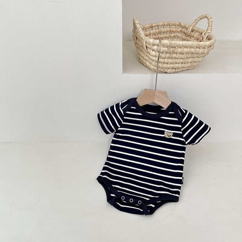 Comfy striped baby romper with bear graphic – Ju Ju Jam kids clothing

