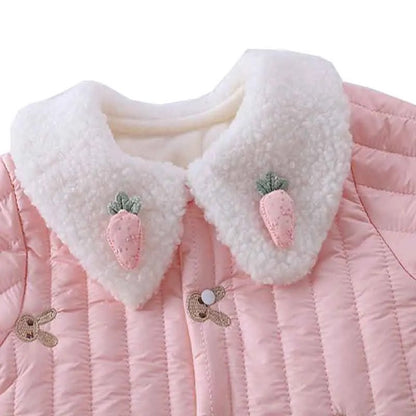 Pink baby girls' romper with a puffer design and bunny sling accent, crafted for warmth and cuteness, by Ju Ju Jam.