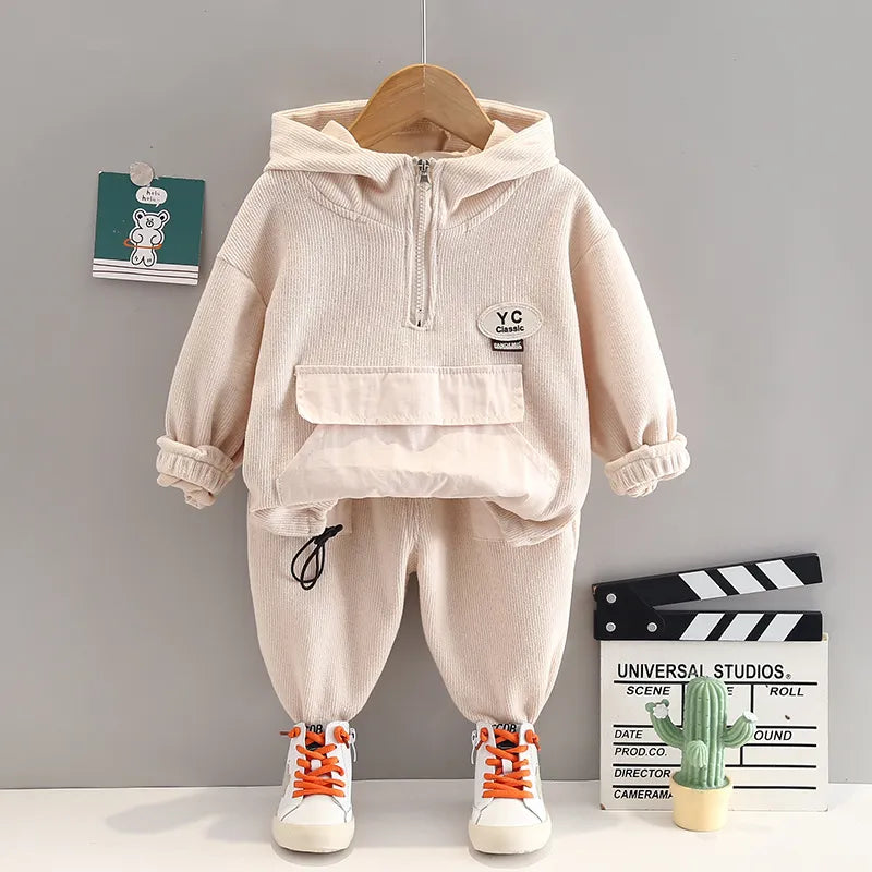 Beige hooded sweatsuit set for boys by Ju Ju Jam, including a soft hoodie and matching sweatpants for a comfy, casual look.