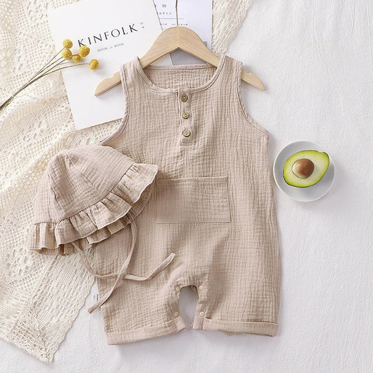 Ju Ju Jam beige sleeveless baby girls romper with matching sun hat, lightweight toddler summer outfit