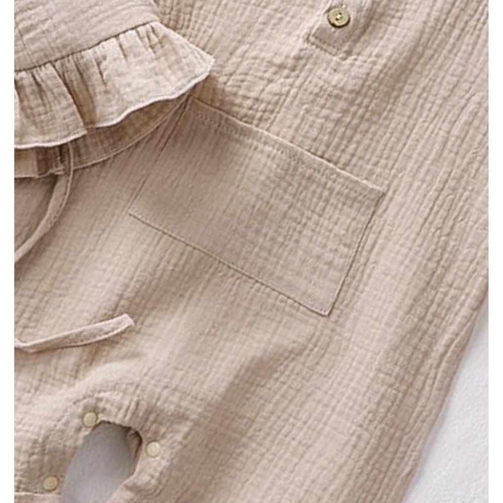 Baby girls beige sleeveless romper with hat, stylish and breathable summer outfit from Ju Ju Jam