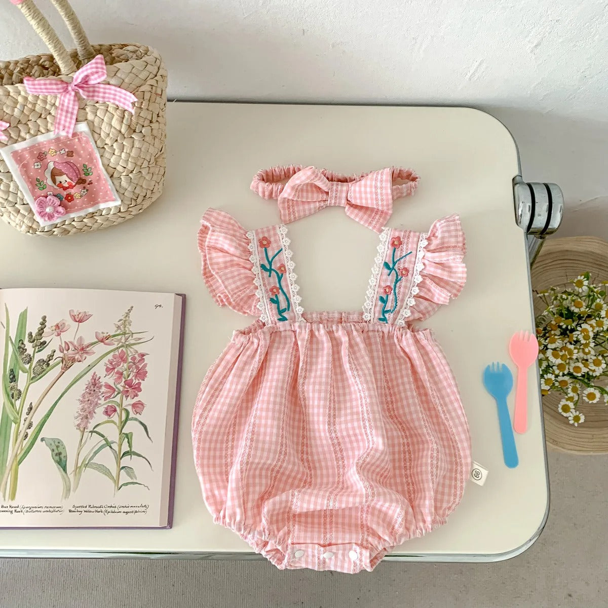 Bloom Bright baby girls romper with matching headband – cute floral outfit by Ju Ju Jam