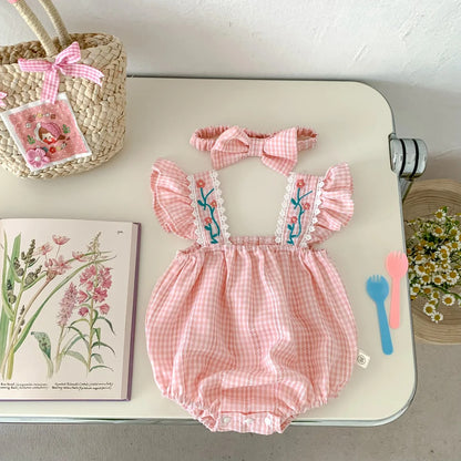 Bloom Bright baby girls romper with matching headband – cute floral outfit by Ju Ju Jam