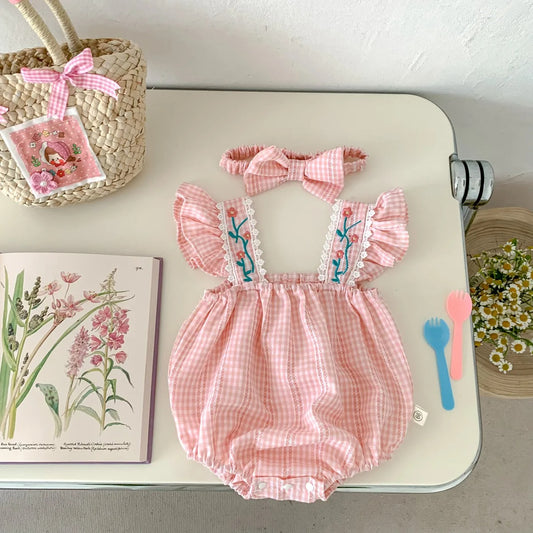 Bloom Bright baby girls romper with matching headband – cute floral outfit by Ju Ju Jam
