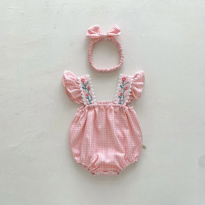 Bloom Bright baby girl romper with ruffle and headband – perfect for warm days – Ju Ju Jam