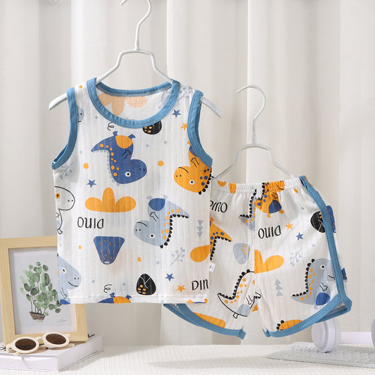 Blue Grey Dino Boys Set - Stylish outfit featuring a playful dinosaur print in blue and grey, perfect for casual wear and adventures, available at Ju Ju Jam.