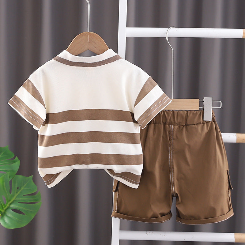 Boys' brown collared striped outfit from Ju Ju Jam, including a stylish striped shirt with a brown collar and coordinating pants.